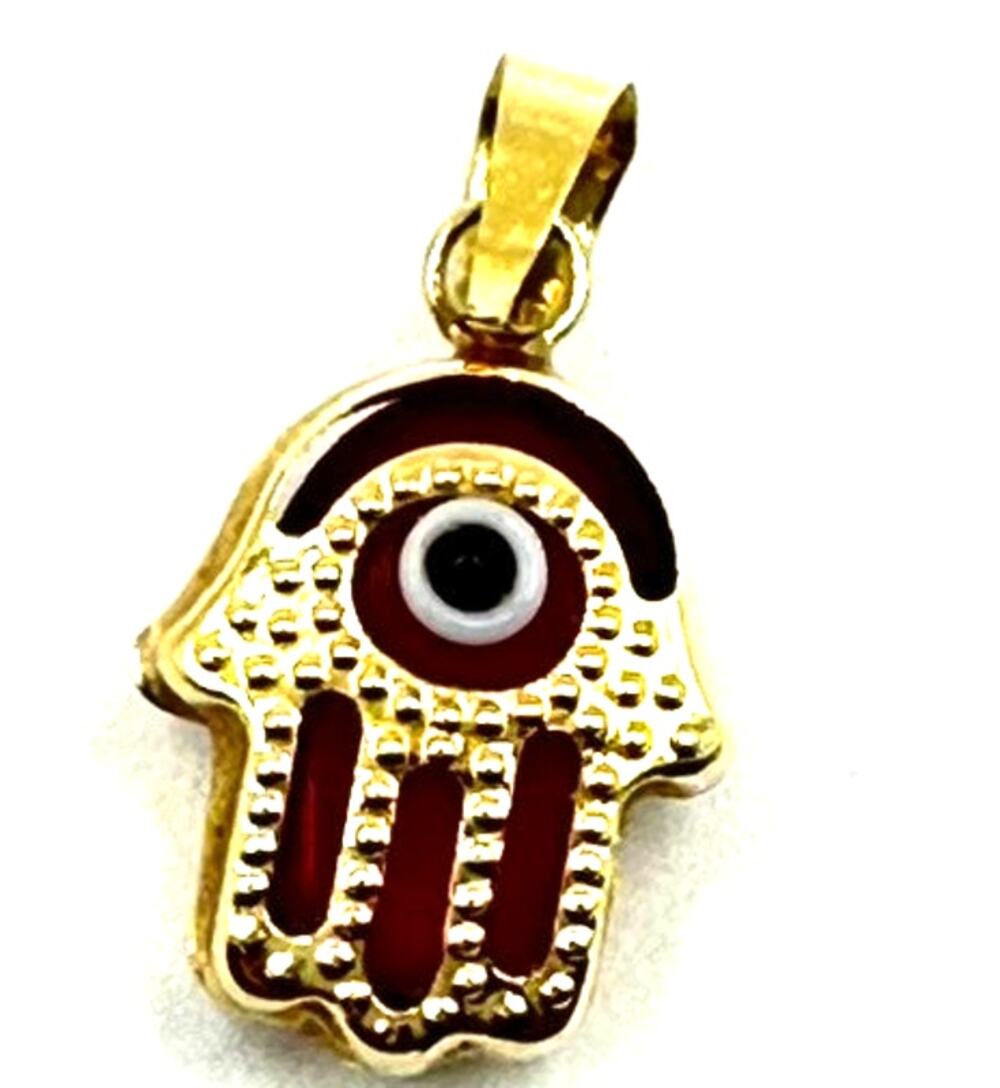 14K Gold Red Evil Eye Hamsa Pendant